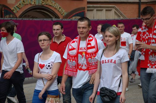 WROCLAW, POLAND - JUNE 8: UEFA Euro 2012, fanzone in Wroclaw. Polish fans go for first game on June 8, 2012.