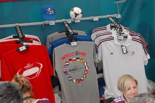 WROCLAW, POLAND - JUNE 8: UEFA Euro 2012, fanzone in Wroclaw. Official t-shirts for sale on June 8, 2012.