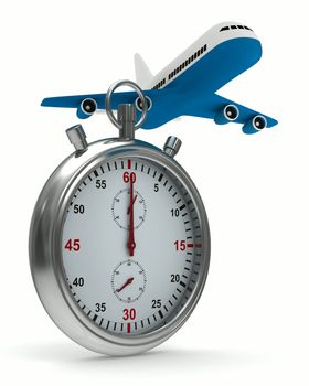 Stopwatch and airplane on white background. Isolated 3D image