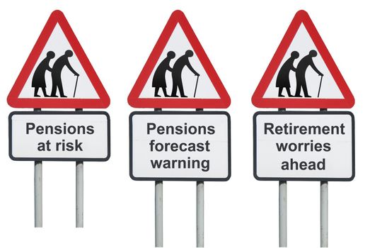 Pensions at risk, worries roadsign, isolated on a white background