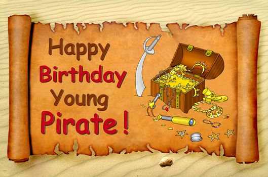 Happy birthday young pirate card with a treasure chest on a parchment scroll