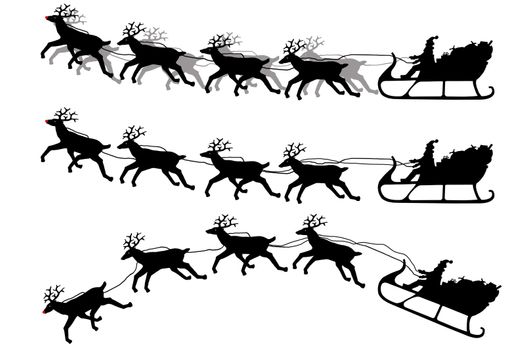 Santa Claus on his sleigh with reindeer, silhouette isolated on a white background