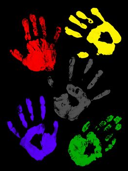 many colored handprints on a black background