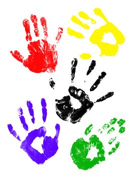 many colored handprints on a white background