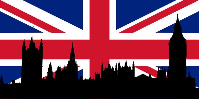 Houses of Parliament silhouette over the Union Jack flag - isolated vector illustration