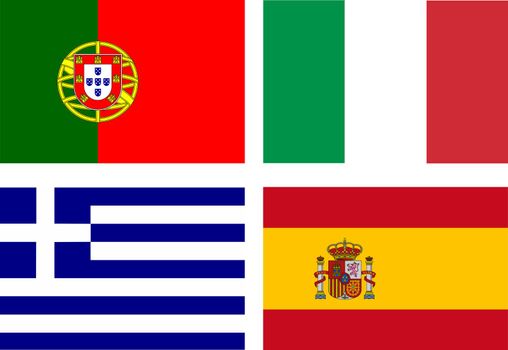 flags of the PIGS (Portugal, Italy, Greece, Spain) - eurozone countries with a serious financial crisis -  isolated vector illustration
