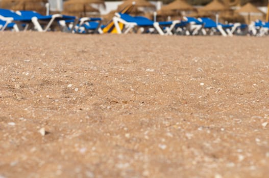 stunning beach sand with small shells on a very shallow DOF (plenty copy-space for your design, chairs and umbrellas at the background)