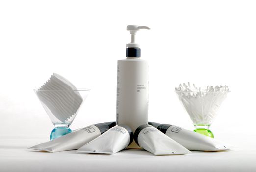 Various professional spa products arranged on a white background