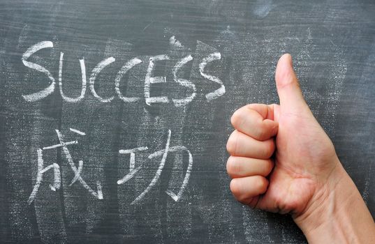Success - word written with chalk on a blackboard with a Chinese translation