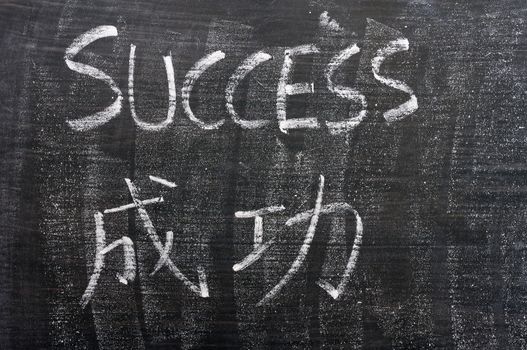 Success - word written with chalk on a blackboard with a Chinese translation