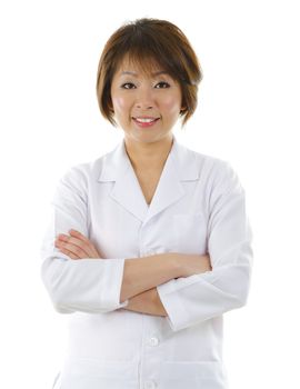 Mid Adult Asian beauty spa massage therapist woman standing isolated on white background