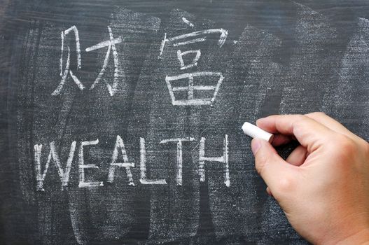 Wealth - word written on a smudged blackboard with a Chinese version