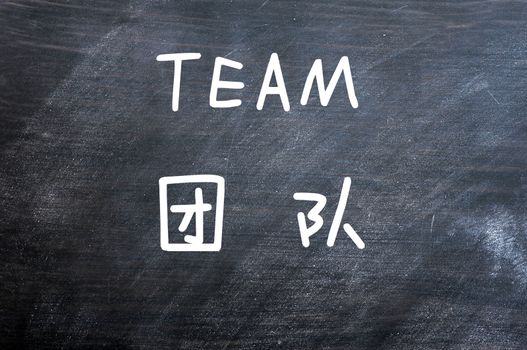 Team - word written on a smudged blackboard with a Chinese translation