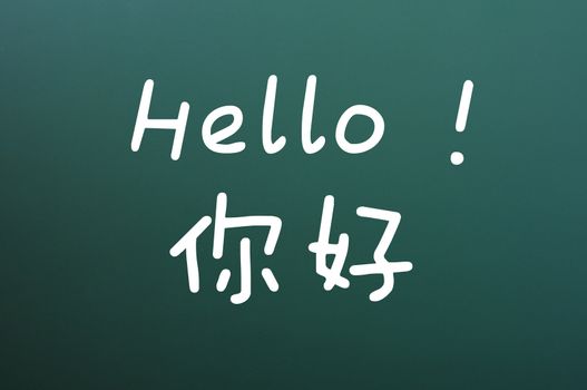 Hello written with chalk on a green board, with Chinese characters