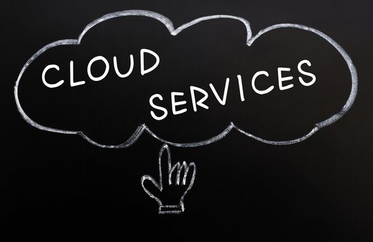 Cloud services with a hand cursor drawn in chalk on a blackboard