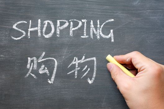 Shopping - word written on a smudged blackboard with a Chinese translation,with a hand holding chalk