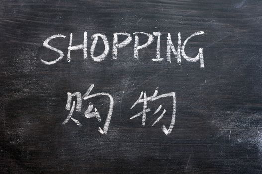 Shopping - word written on a smudged blackboard with a Chinese translation
