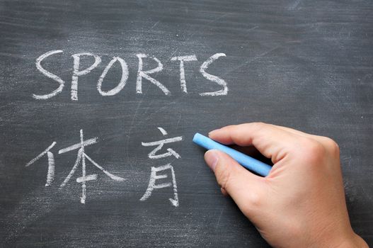 Sports - word written on a smudged blackboard with a Chinese translation,with a hand holding chalk writing