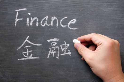 Finance - word written on a smudged blackboard with a Chinese translation,with a hand holding chalk