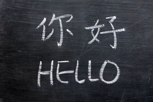 Hello - word written on a smudged blackboard with a Chinese tranlation