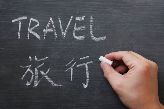 Travel - word written on a smudged blackboard with a Chinese translation,with a hand holding chalk