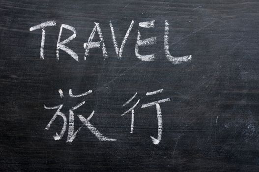 Travel - word written on a smudged blackboard with a Chinese translation
