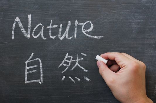 Nature - word written on a smudged blackboard with a Chinese translation, with a hand holding chalk