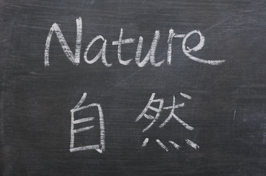 Nature - word written on a smudged blackboard with a Chinese translation