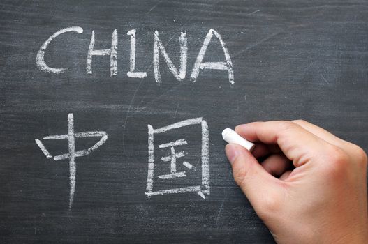 China - word written on a smudged blackboard with a Chinese version, with a hand holding chalk