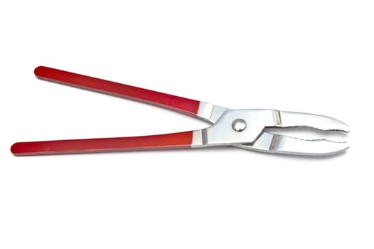 Red pliers closeup on white background