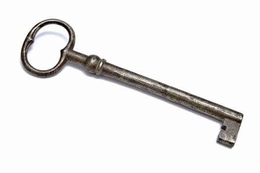 An old key closeup on white background