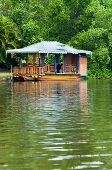 Floating small restaurant with jungle on background