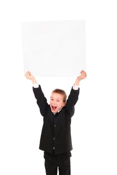 cheerful boy raise blank cardboard isolated on the white