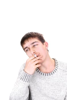 young man is smoking cigarette. isolated on the white background