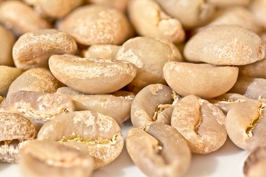 Raw coffee beans on a white background