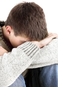 sad teenager closeup on the white background