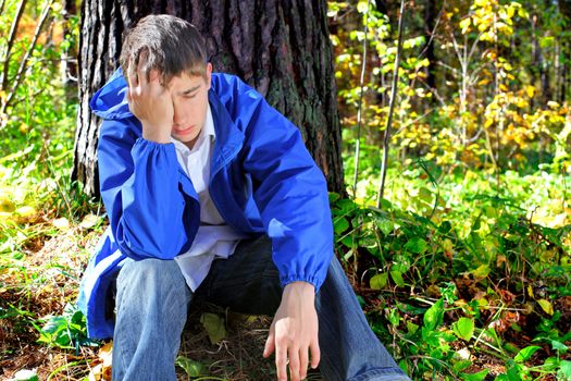 sorrowful teenager sitting in the autumn forest alone