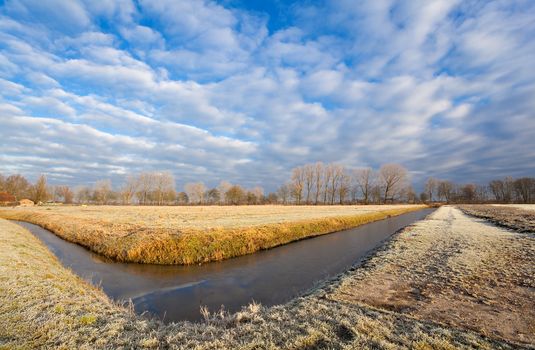 view on landscape in Netherlands with channel and frosted field over blue sky