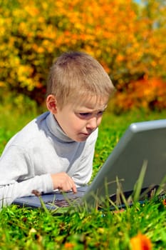 serious boy with notebook in the autumn park