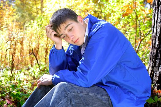 sad teenager sitting in the autumn forest alone