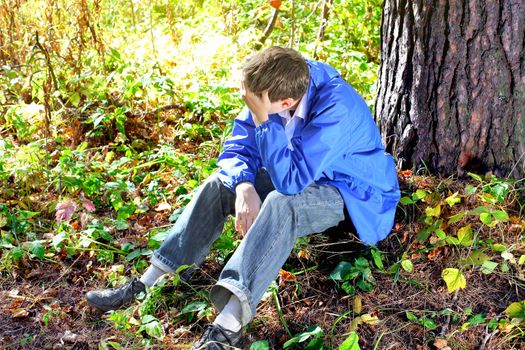 sad teenager sitting in the autumn forest