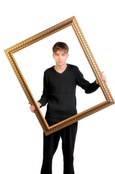 teenager with a frame isolated on the white background