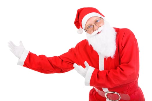 santa claus shows welcoming gesture. isolated on the white background