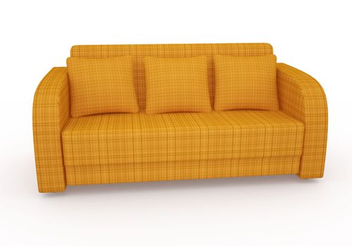 Orange sofa with pillows on a white background