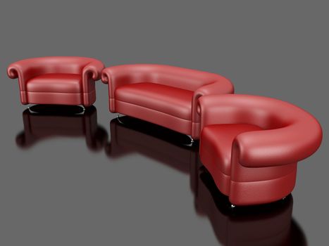 Sofa and armchairs on a black background