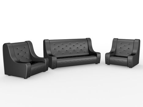 Sofa and armchairs on a black background