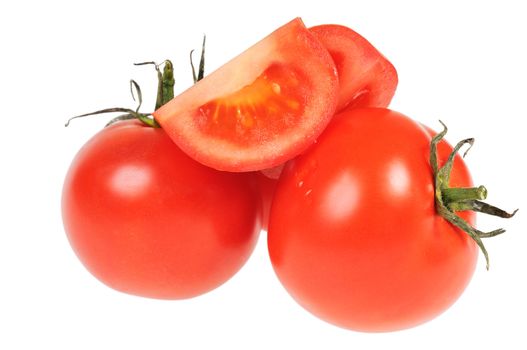 Three tomato. One of them cut. Isolated on white.