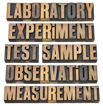 a collage of words related to experimental research - laboratory, experiment, test, sample, observation, measurment - isolated text in vintage letterpress wood type