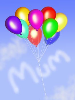 Colourful balloons floating in the sky with Mum in cloud shapes