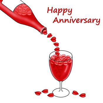 Happy anniversary card with a wine bottle pouring red hearts into a glass
, isolated on a white background